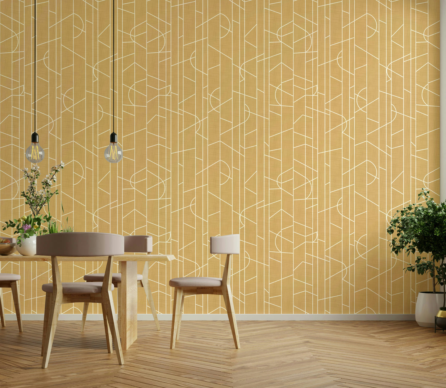 Mural wallpaper with soft golden curved lines

