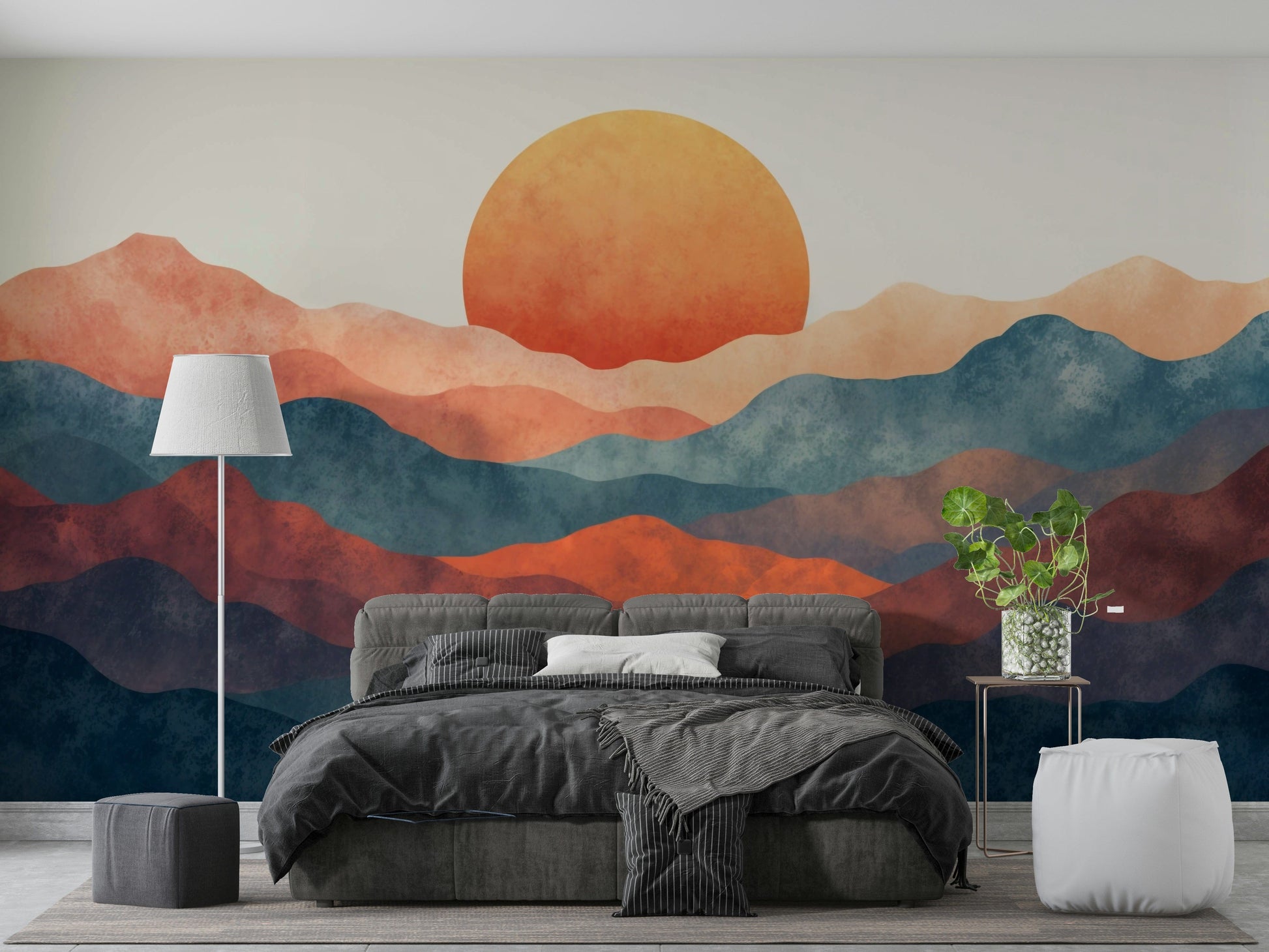 A minimalist interior with the horizon-themed wallpaper.