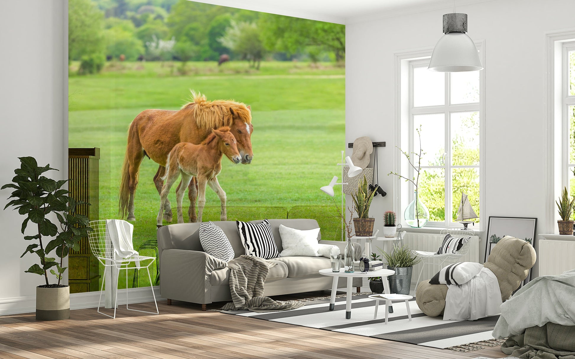 Minimal farmhouse kids room mural, foal in field, soft color wash