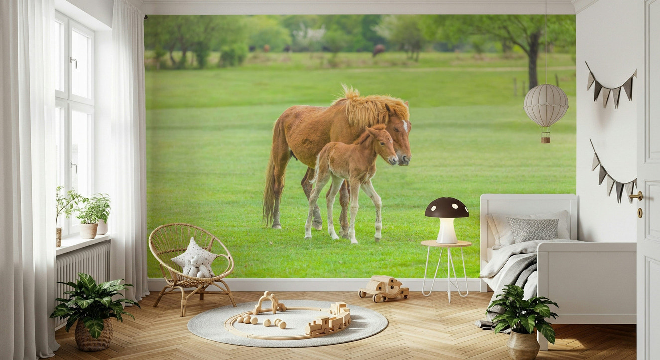 Foal mural in nursery, soft beige and brown tones, watercolor farm style