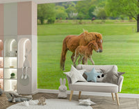 Feature wall mural with foal and wildflowers, modern rustic nursery
