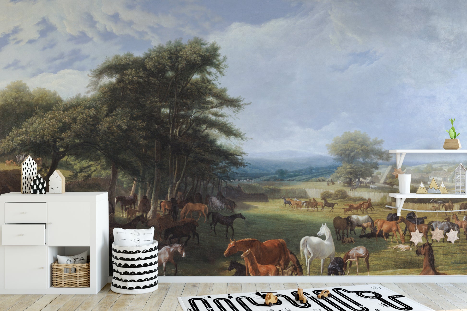 Horse Meadow wallpaper mural with a herd of horses in green pastures behind a white dresser in a kids room