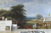 Horse Meadow wallpaper mural with a herd of horses in green pastures behind a white dresser in a kids room