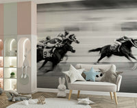 Dynamic Horse Racing Wallpaper – Energetic mural showing horses in mid-gallop with motion blur effects.