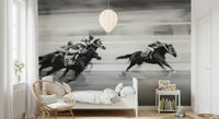 Thoroughbred Racing Wall Mural – Detailed mural featuring jockeys riding powerful horses during a competitive race.