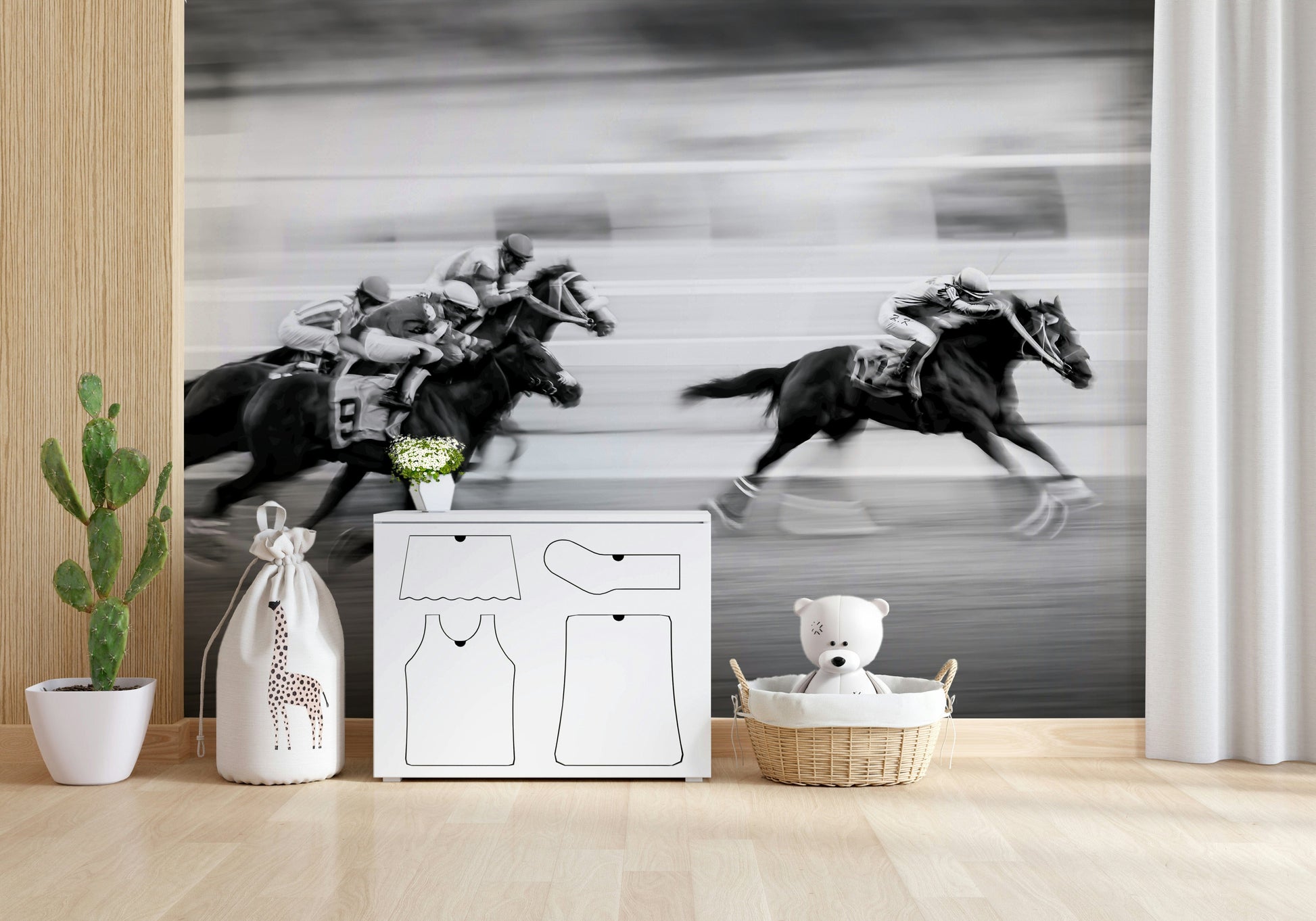 Racing Horses Wall Mural – Vibrant wallpaper showing a thrilling horse race with jockeys in action.