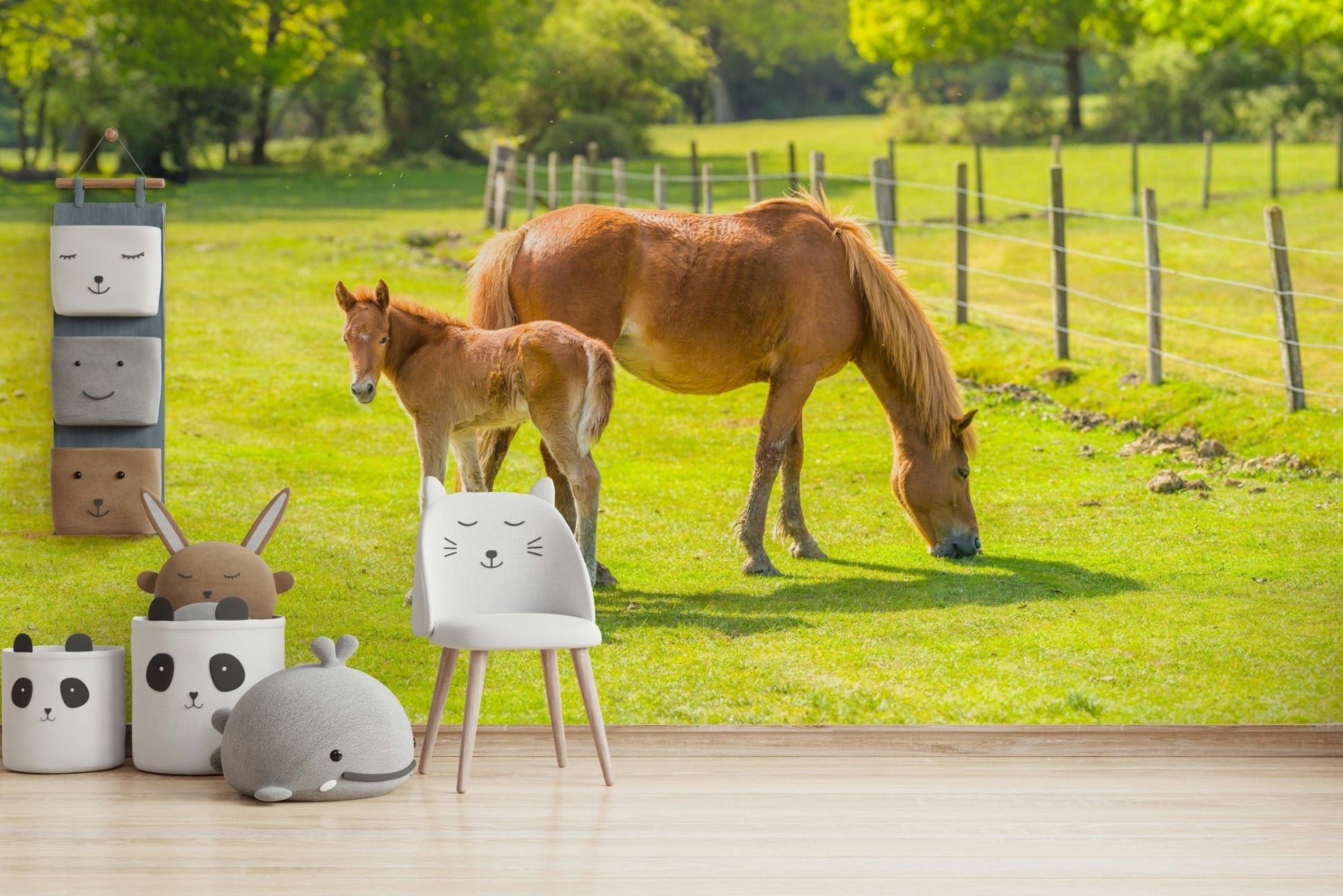 Horse and foal mural for rustic, nature-inspired rooms

