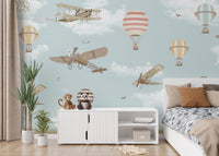 Hot Air Balloons & Planes Fun land wallpaper mural as a feature wall in a home office workspace in blue tones