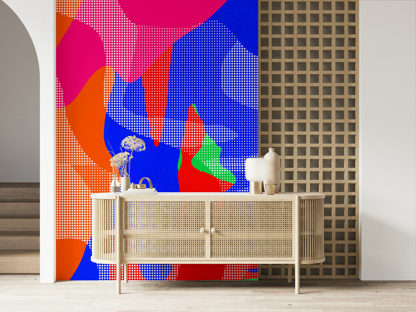 Vibrant red and orange dots in dynamic pattern, Hot Dots wall mural