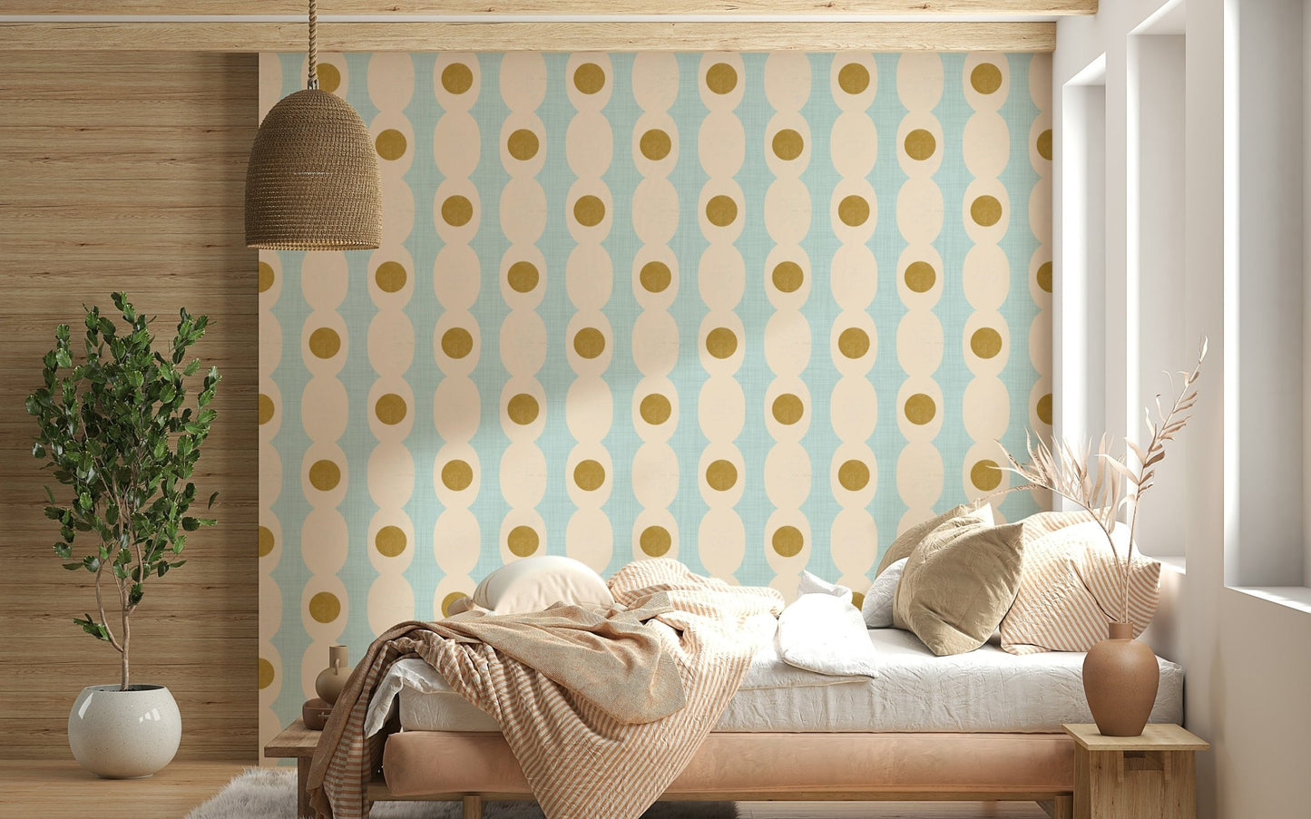 Contemporary wall mural with interlocking hourglass silhouettes.