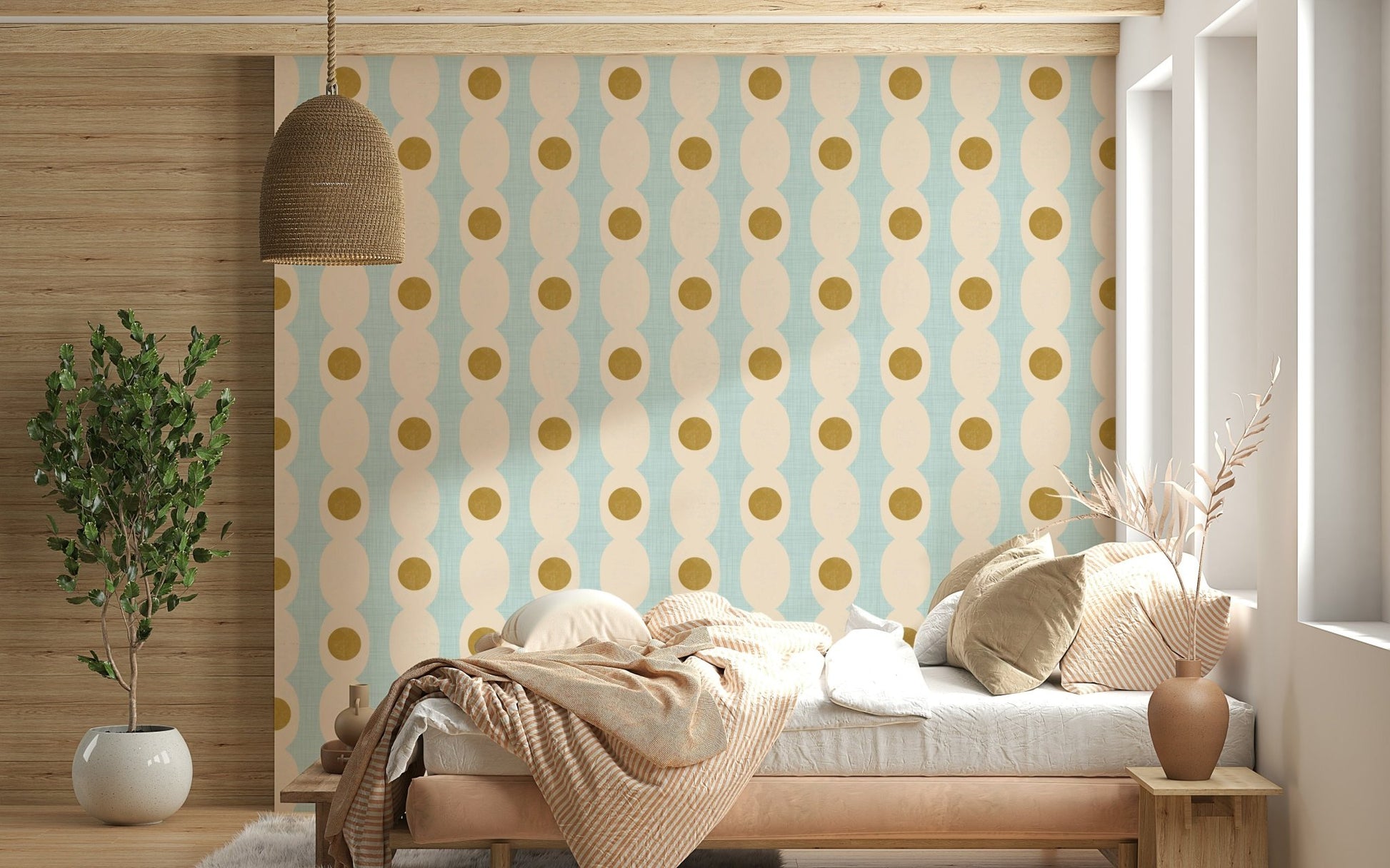 Contemporary wall mural with interlocking hourglass silhouettes.