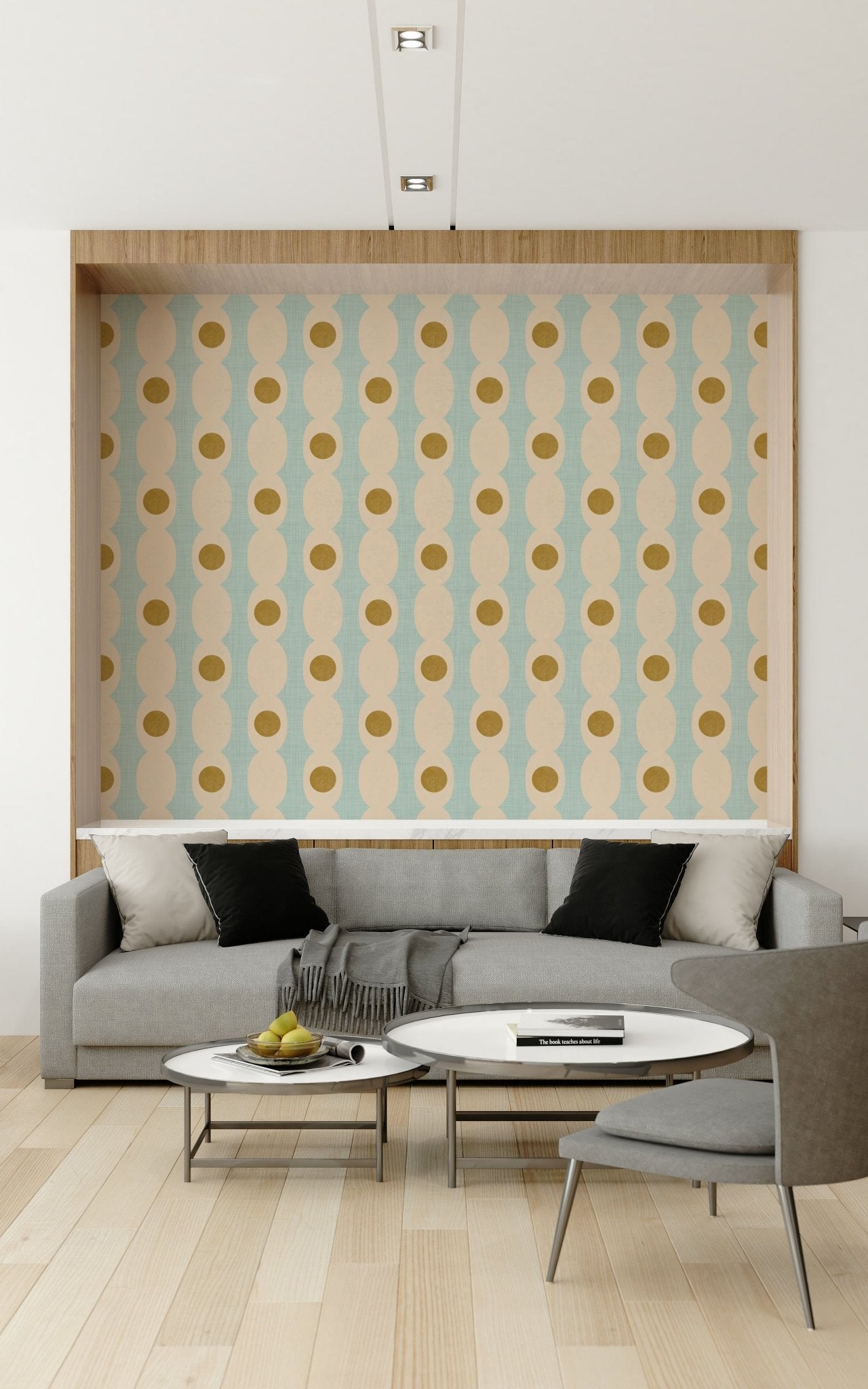 Geometric hourglass pattern mural with soft echoes and mirrored symmetry.