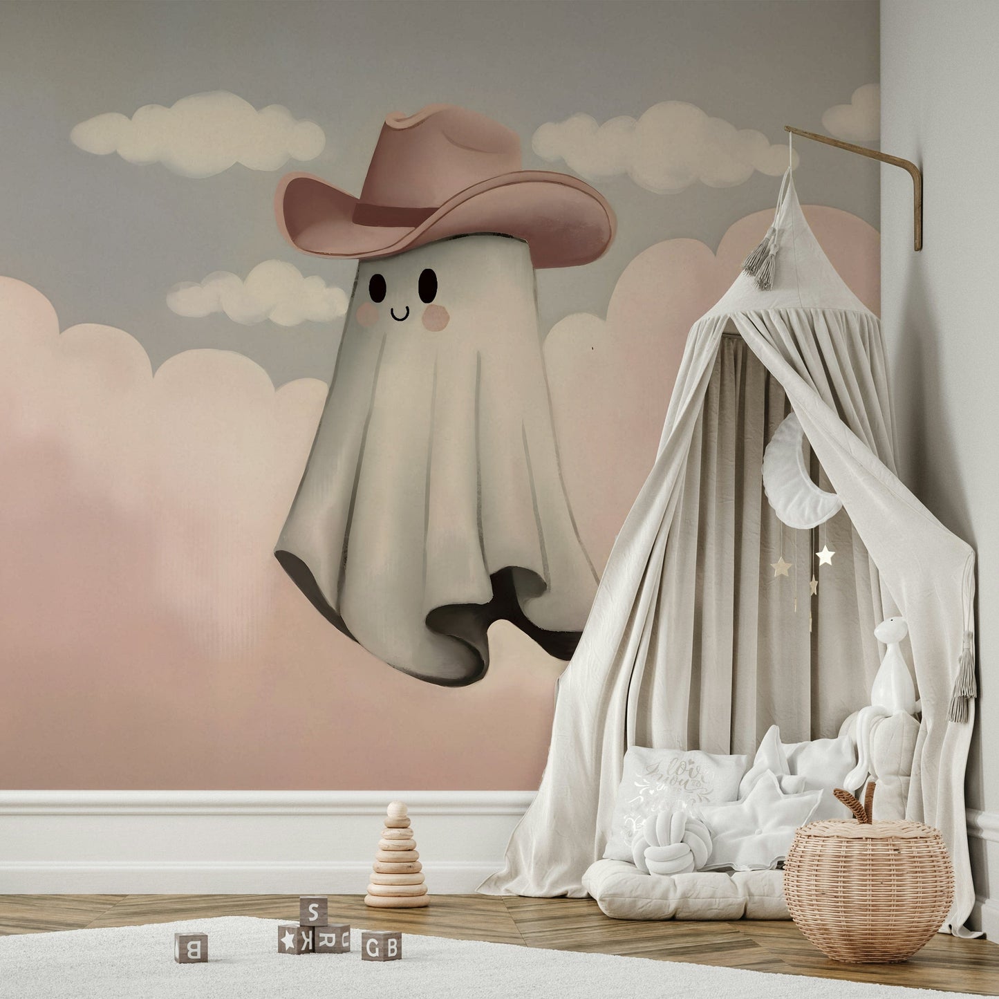 A peaceful wall mural with a whimsical ghost scene.

