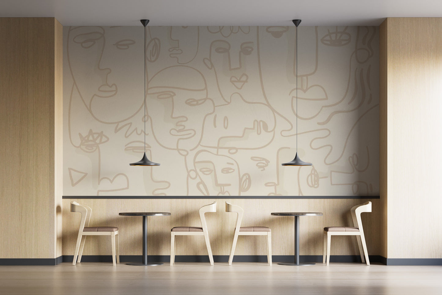 Elegant cafe area wall mural with fine charcoal line drawings of human figures.