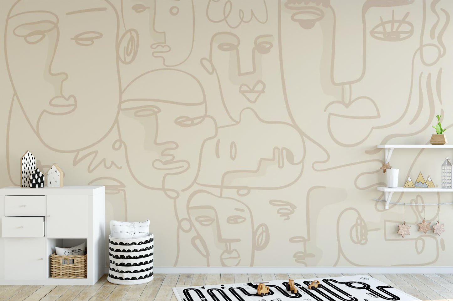 Creative line work  play room wallpaper mural with a textured plaster background.