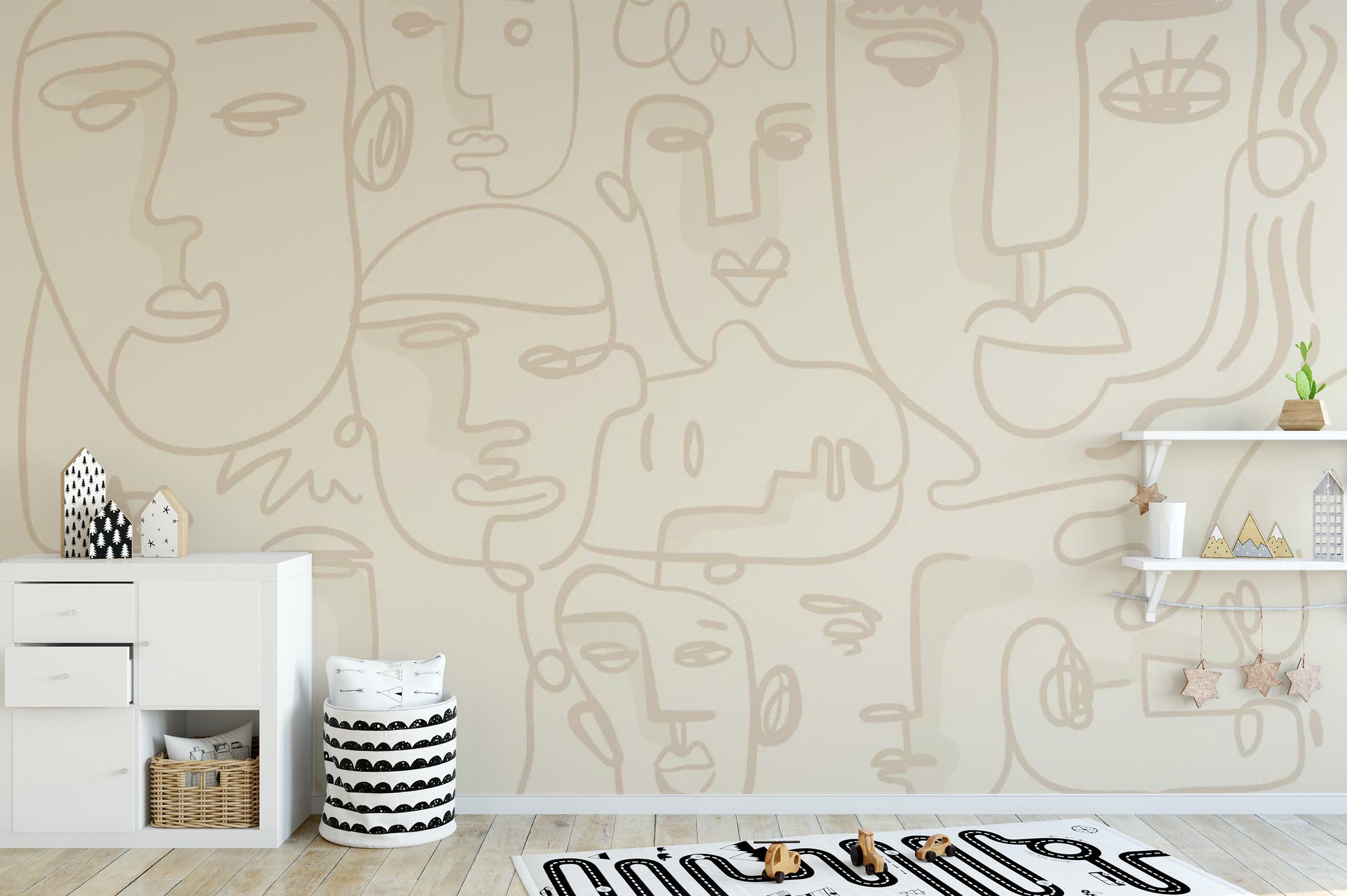 Creative line work  play room wallpaper mural with a textured plaster background.