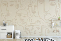 Creative line work  play room wallpaper mural with a textured plaster background.