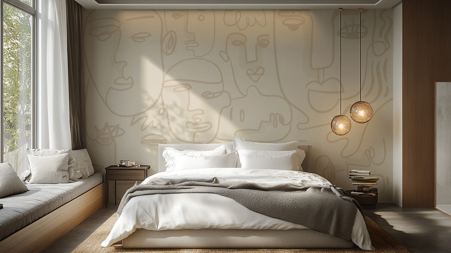 Minimalist Human Face Line bedroom wall mural with black ink strokes.