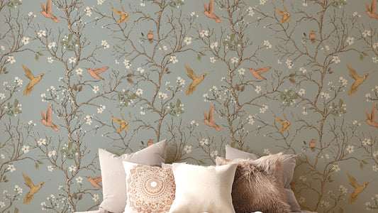 Retro wallpaper with birds and blossoms