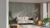Birds perched in a retro floral wallpaper