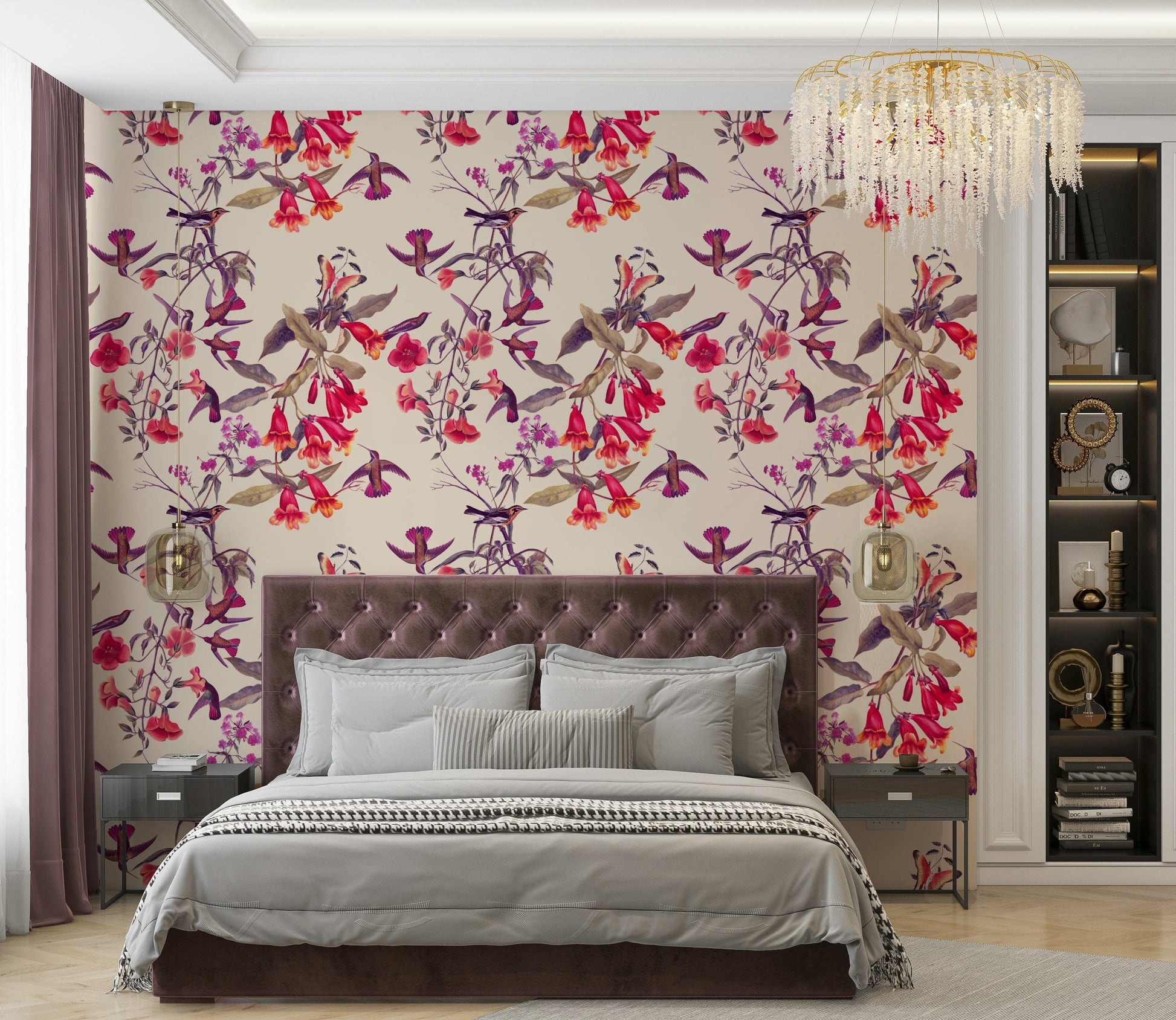 A beautiful hummingbird wallpaper mural with vibrant flowers.

