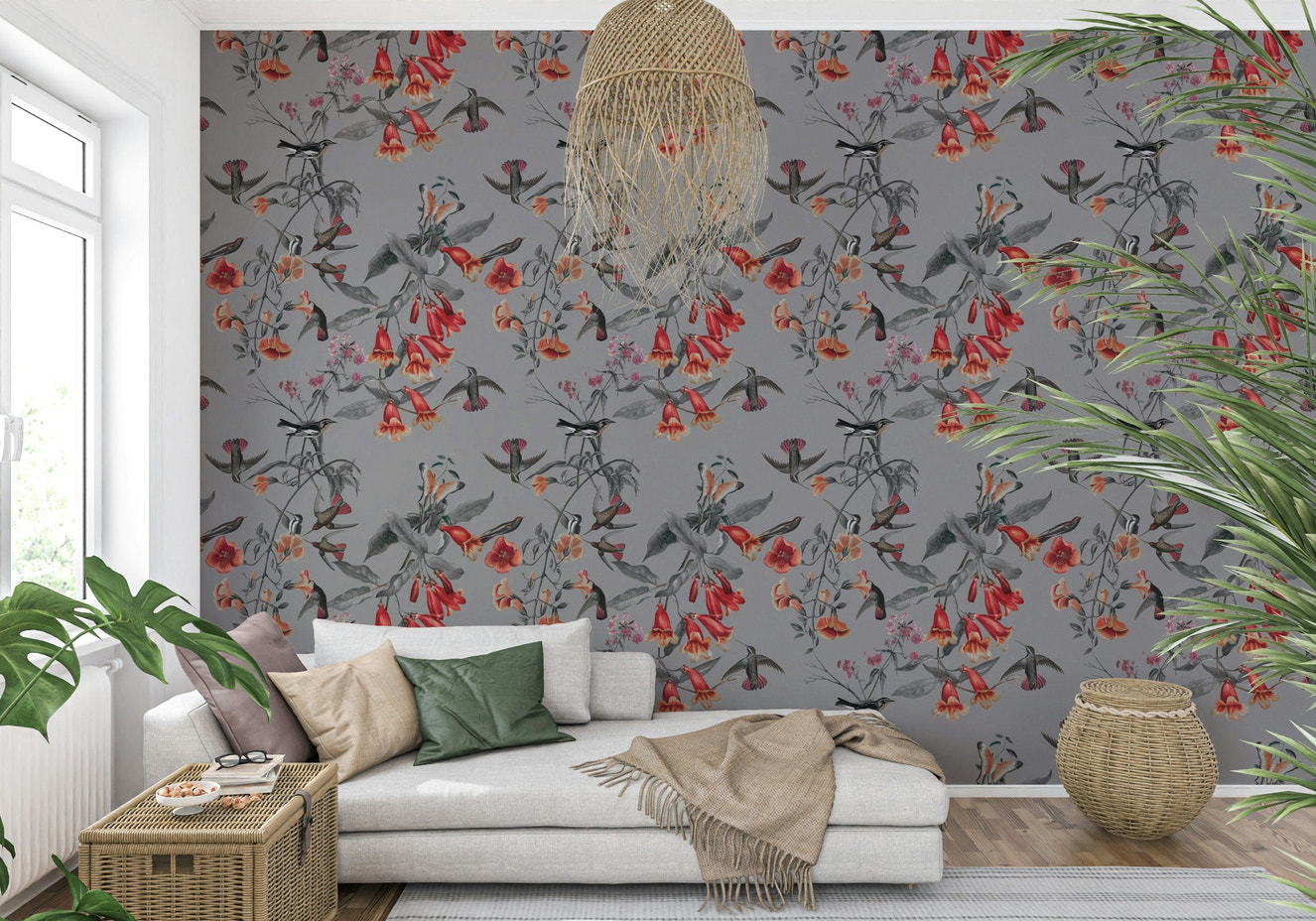 Garden bird wallpaper for a bright and airy bedroom feature wall.
