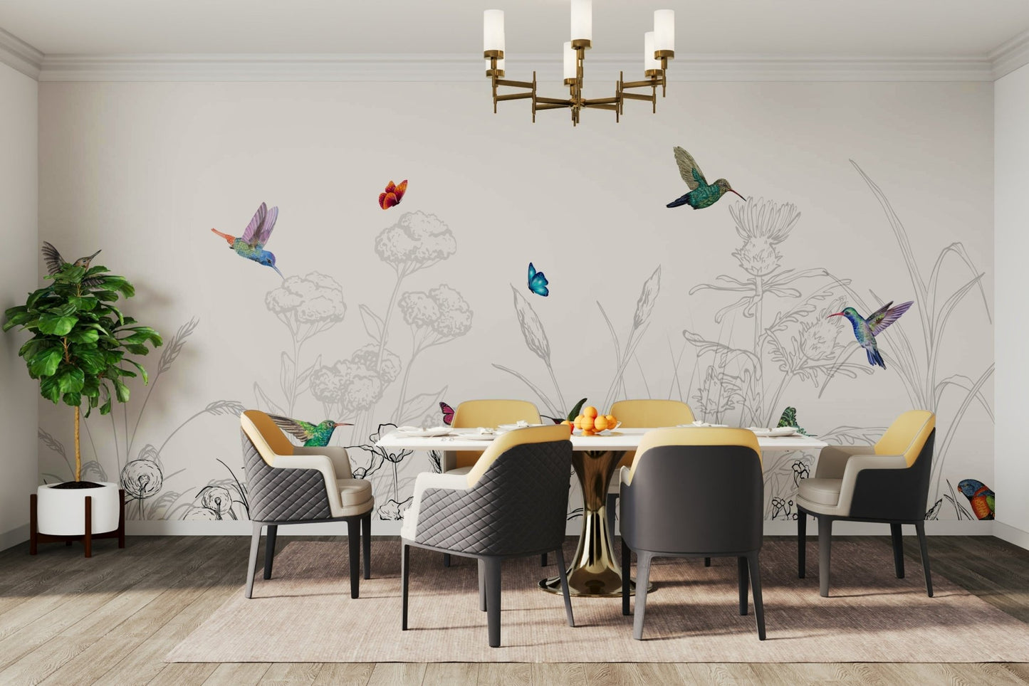 The image shows an artistic impression of a serene hummingbird haven scene.

