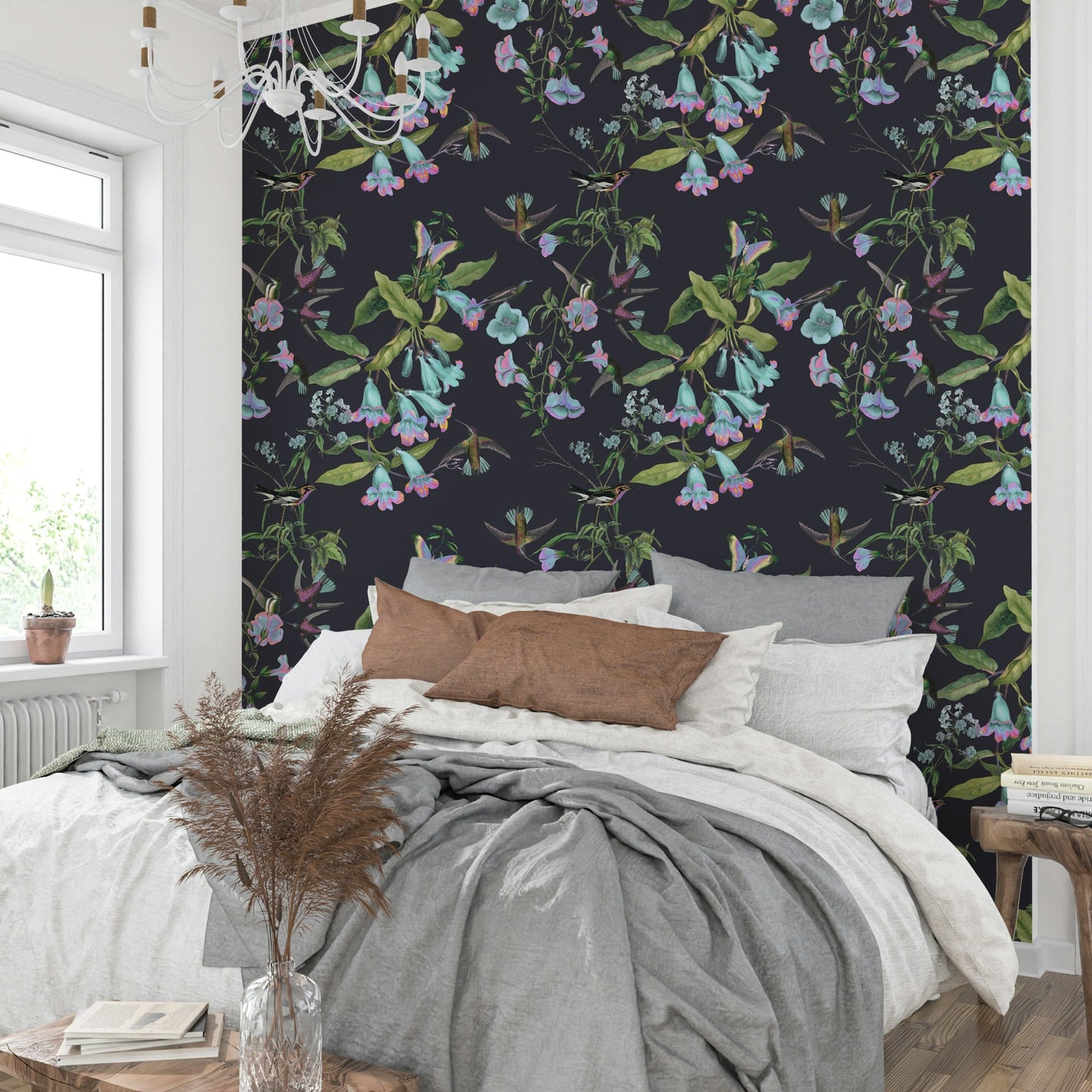 An artistic exotic bird mural for home decor.

