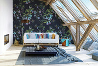 A peaceful tropical garden mural on decorative wallpaper.

