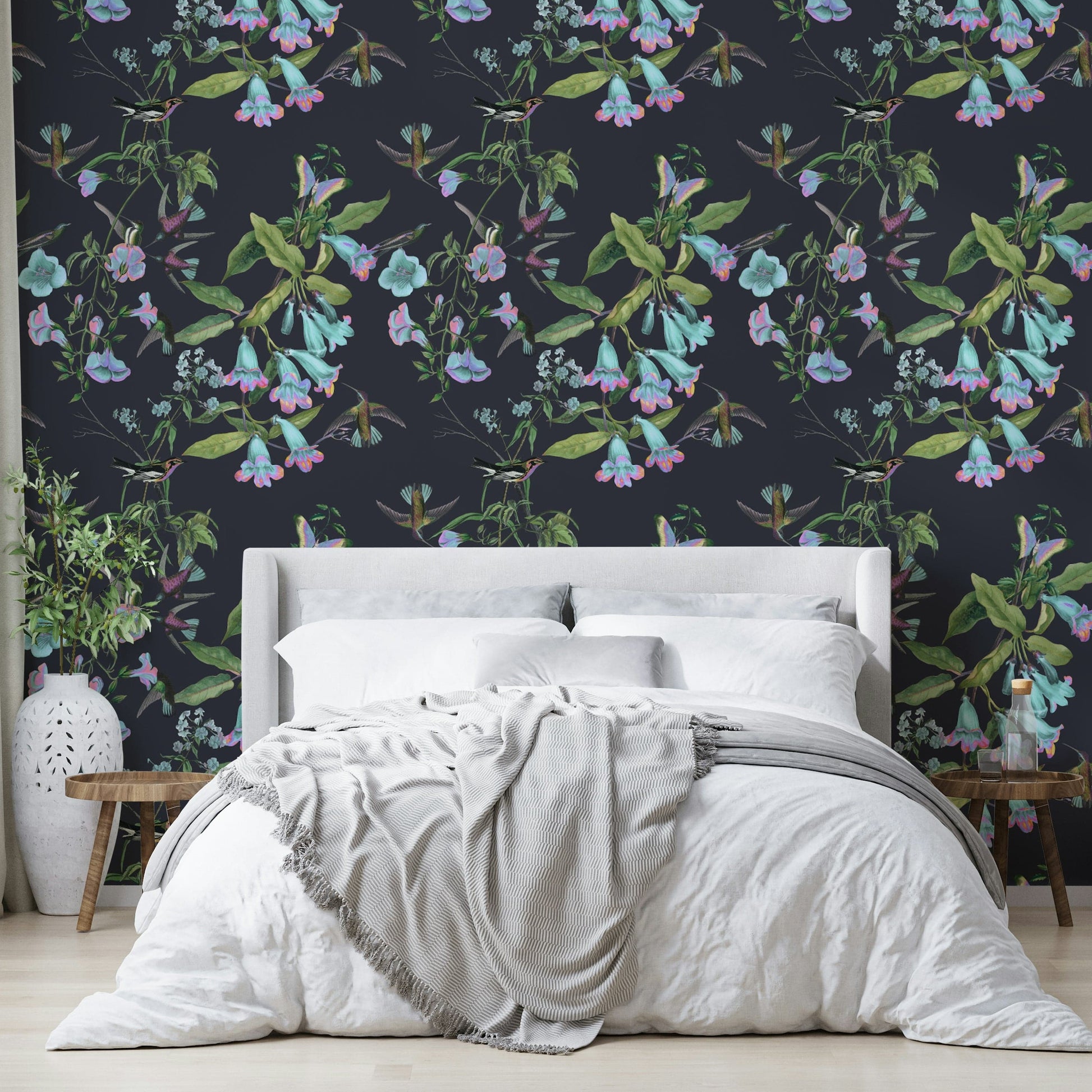 A contemplative flower and bird wallpaper mural for a feature wall.

