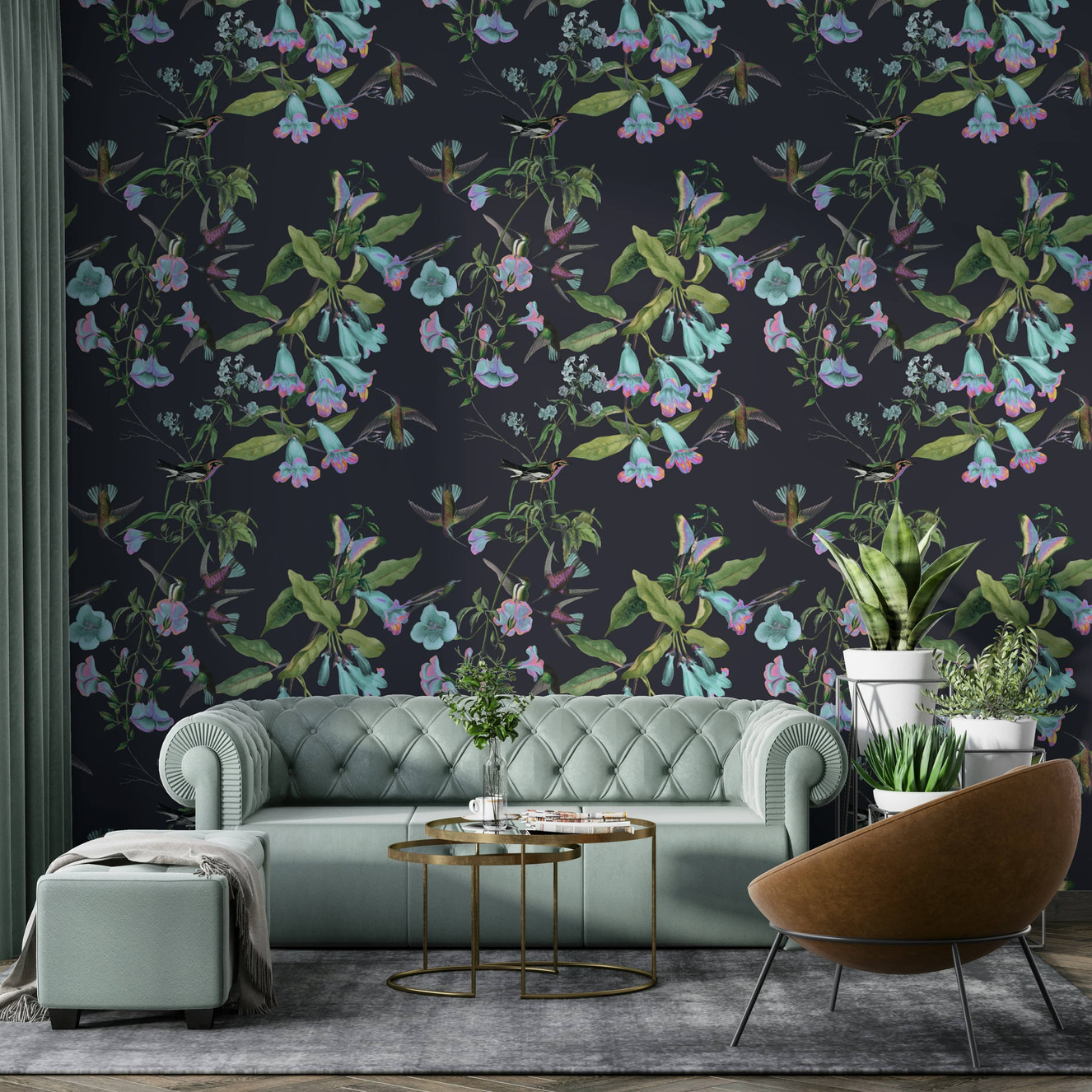 An artistic hummingbird mural on lush wallpaper.

