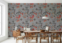 Soft green and pink tones on a large format botanical wallpaper.