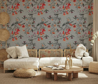 Hummingbird's Song Wallpaper paired with wicker furniture in a sunroom.