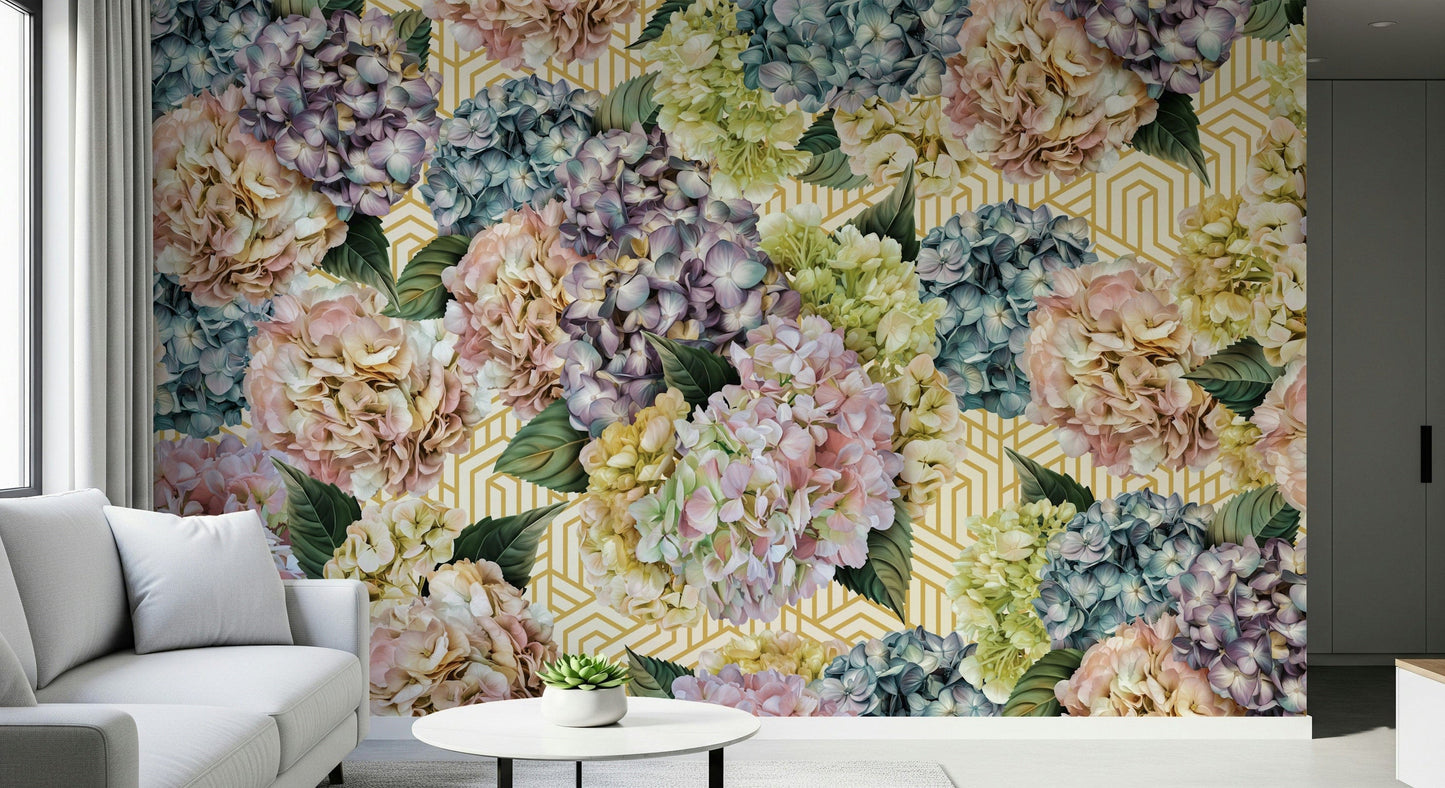 An artistic delicate flower mural on minimalist wallpaper.

