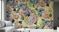 An artistic delicate flower mural on minimalist wallpaper.

