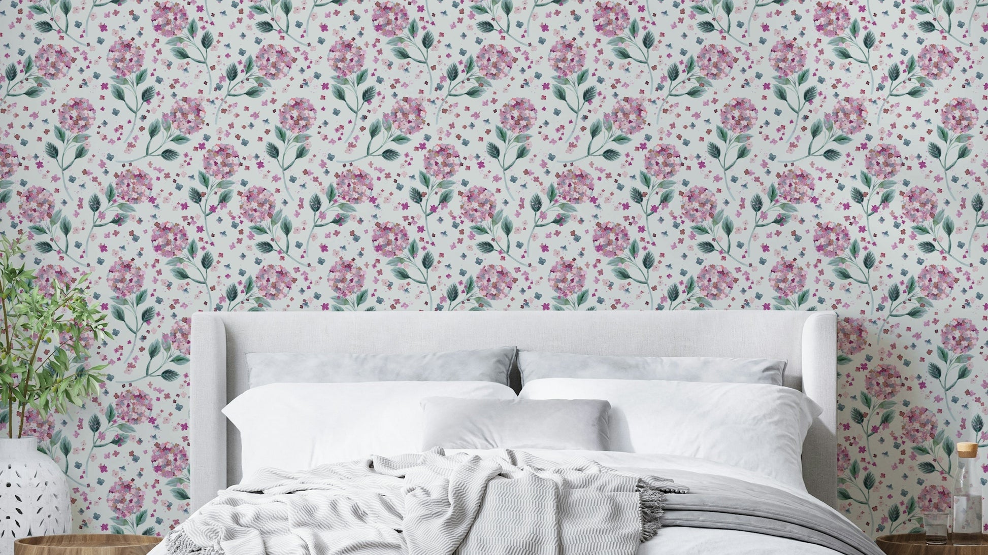 Botanical wallpaper with garden hydrangea flowers

