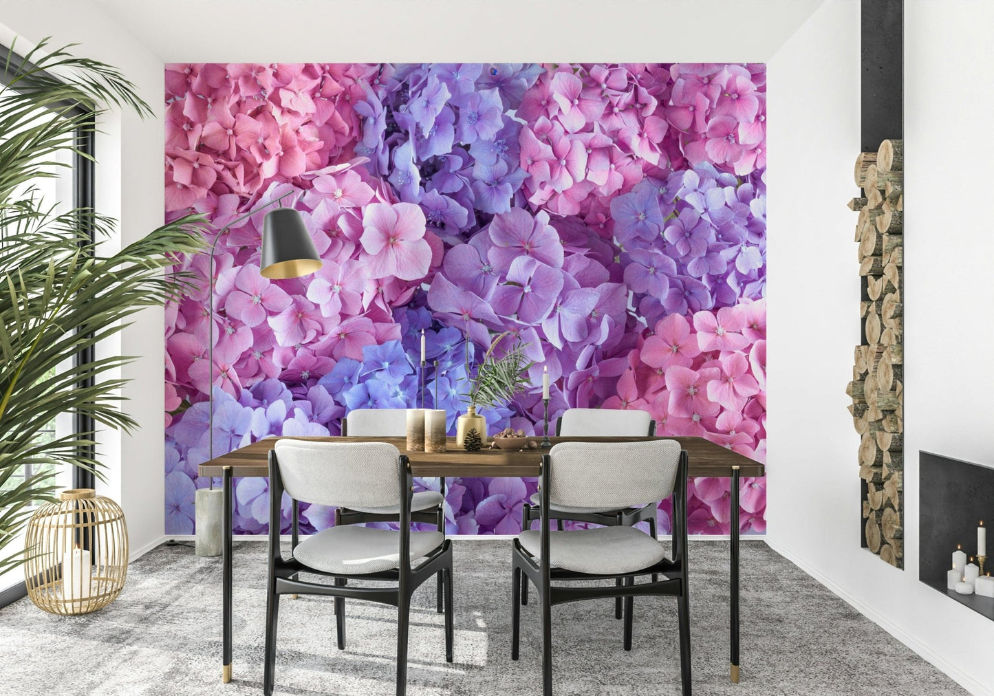 Hydrangea Hues wallpaper mural of vivid hydrangea flowers in a dining room with white chairs and a black arc lamp