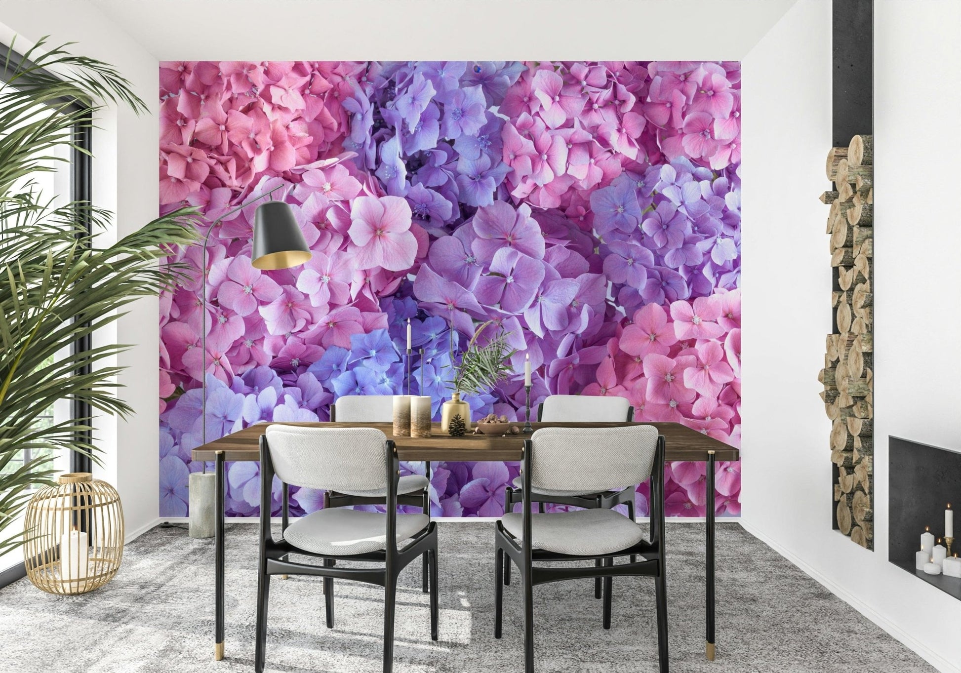 Hydrangea Hues wallpaper mural of vivid hydrangea flowers in a dining room with white chairs and a black arc lamp