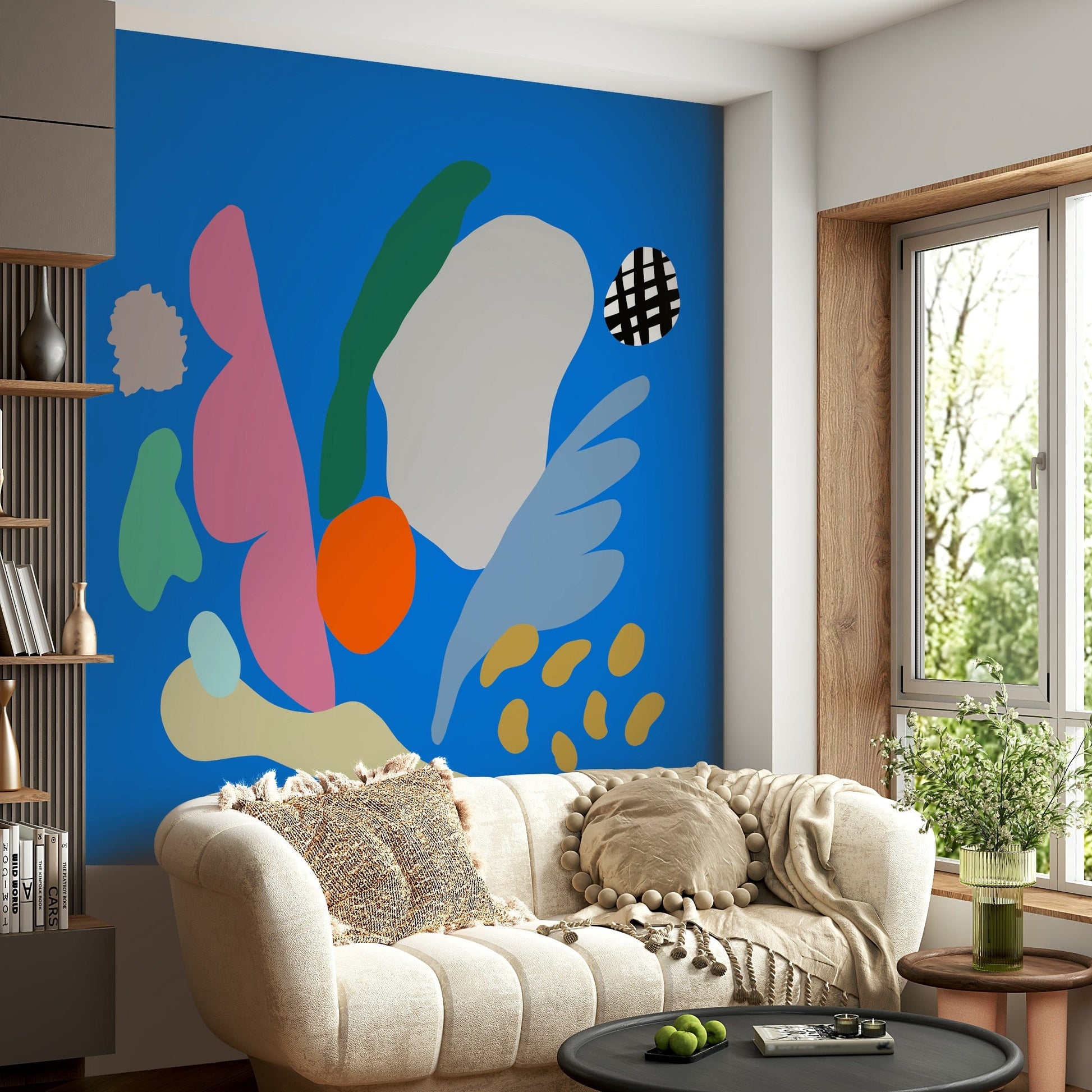 An artistic ice cream cone mural on minimalist wallpaper.

