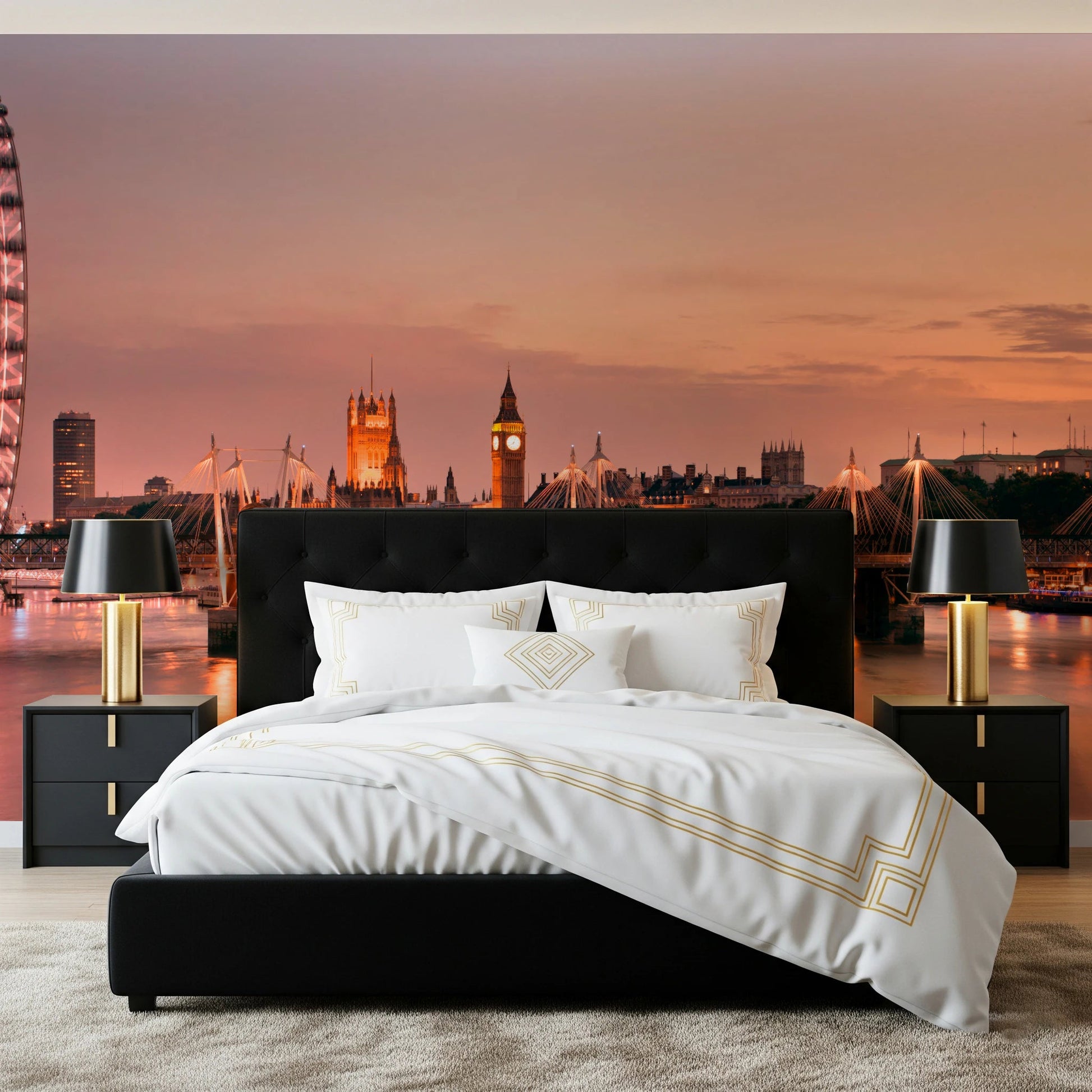 Iconic London at Dusk wall mural of Big Ben and the London Eye behind a black tufted bed with gold lamps in a bedroom