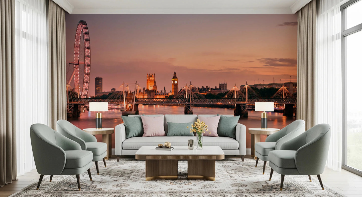 Iconic London at Dusk wall mural of the sunset skyline behind a cream sofa flanked by sage green armchairs