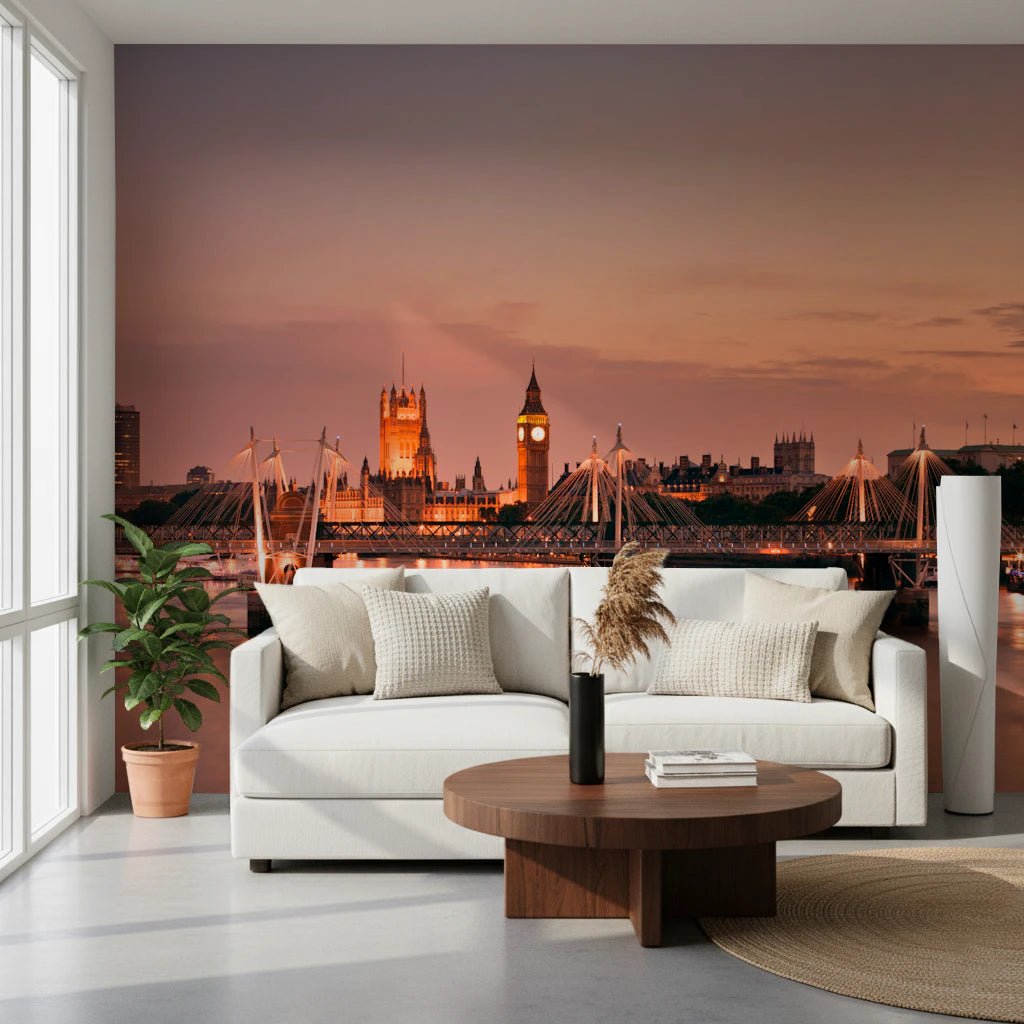 Iconic London at Dusk wall mural of Parliament at sunset behind a white sofa and round walnut table with a fiddle-leaf plant