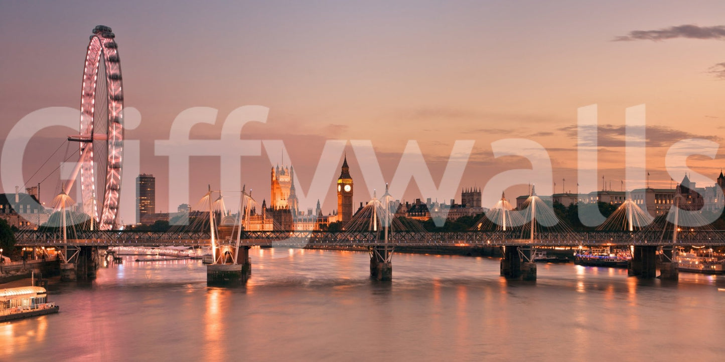 Iconic London at Dusk wall mural shown full-wall of the London Eye, Big Ben and lit bridges over the Thames at sunset