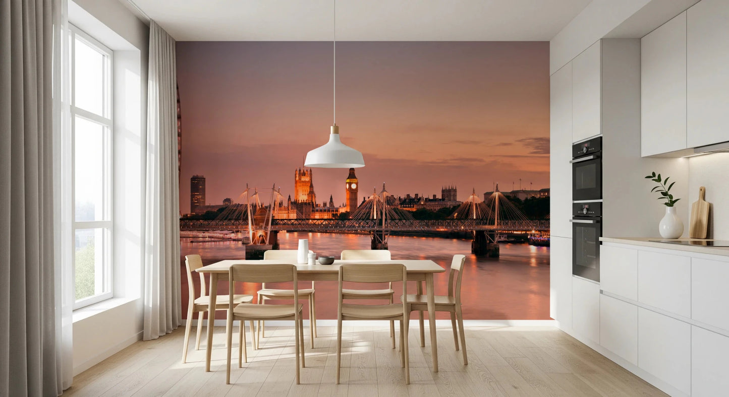 Iconic London at Dusk wall mural of the Thames at sunset in a kitchen-diner with a pale wood table and white pendant