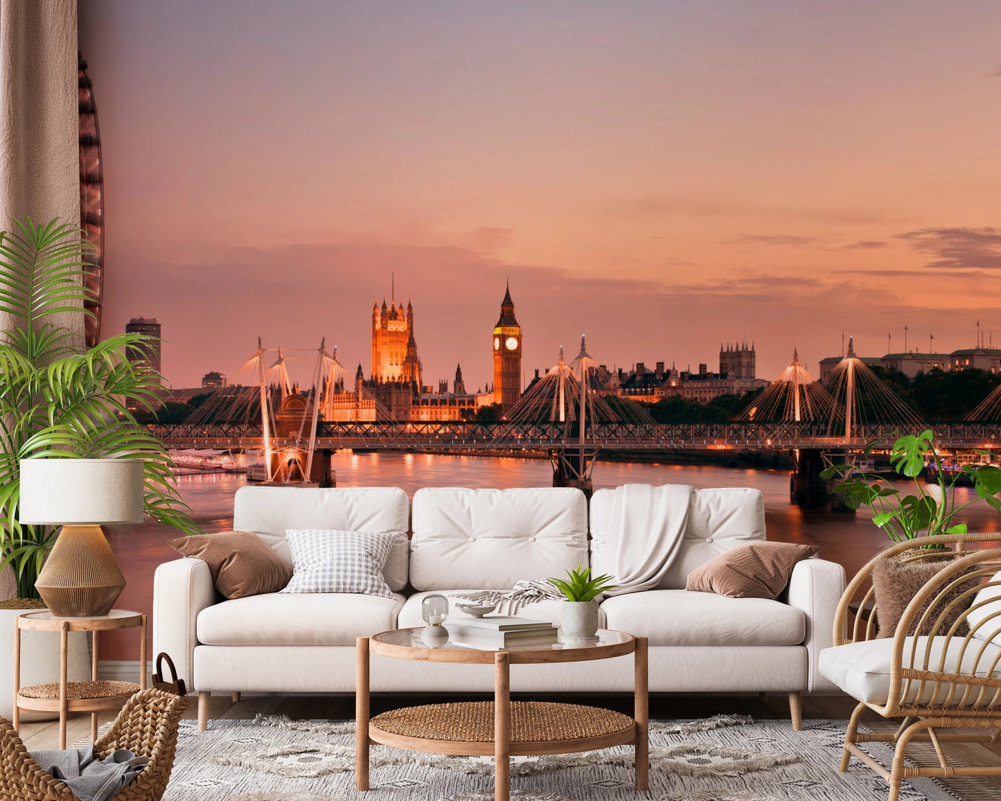 Iconic London at Dusk wall mural of Parliament at dusk behind a white sofa with a rattan chair and woven baskets
