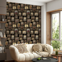 Each frame holds a subtle, stylized religious icon or symbol.
