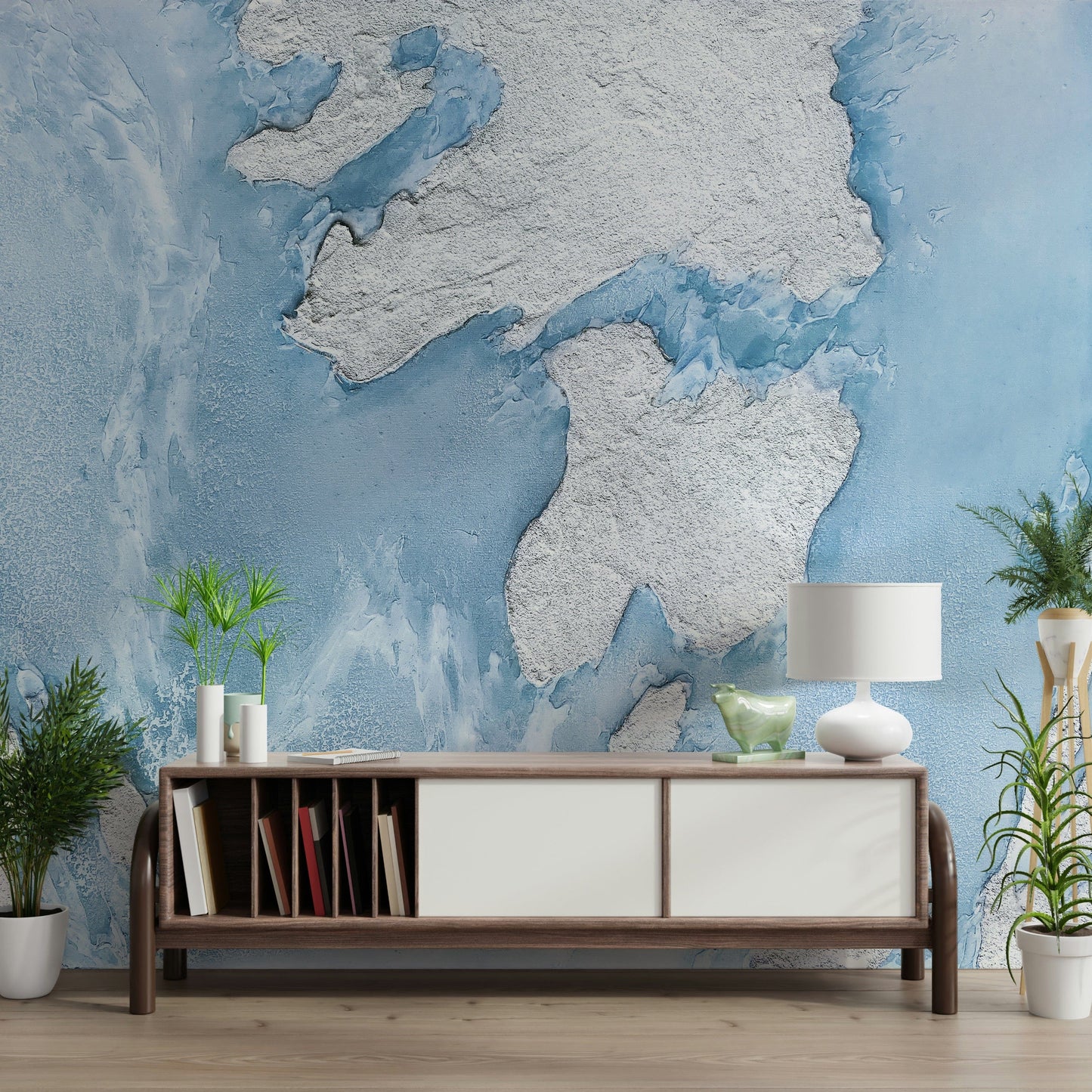 Calming glacial mural featuring frost-covered mountains and misty skies, perfect for bedrooms or lounges.