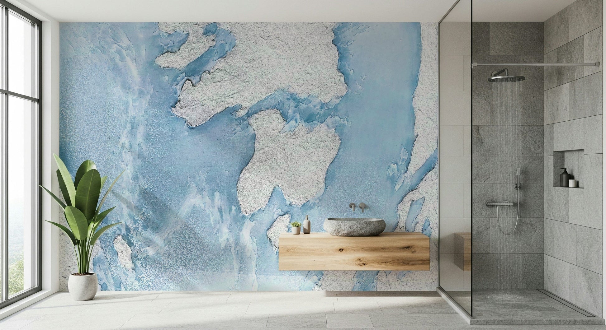 Glacial Dreamscape Wall Mural featuring icy blue mountains and frozen landscapes for a serene interior look.