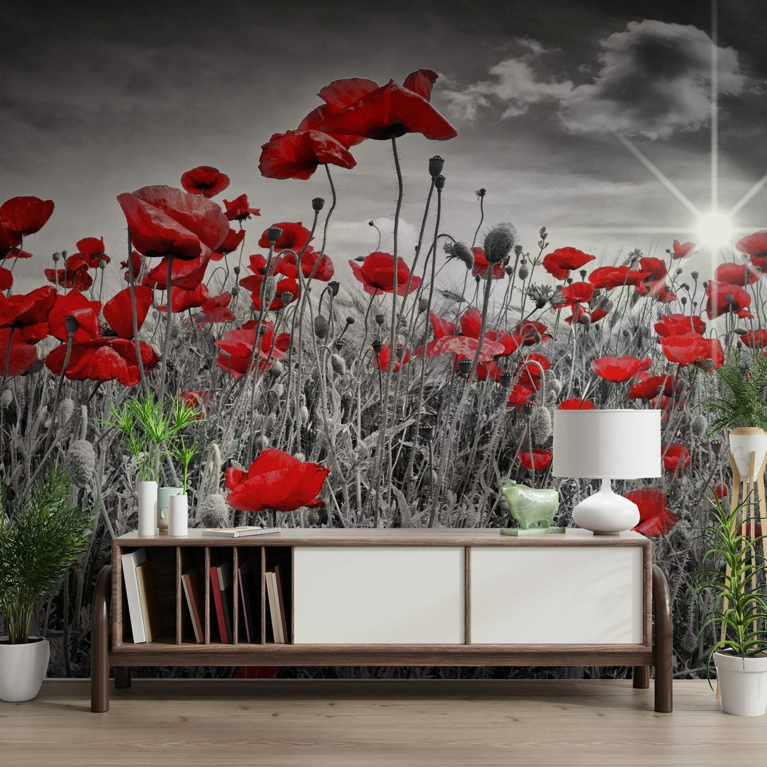 Idyllic poppies in sun mural for a relaxing atmosphere

