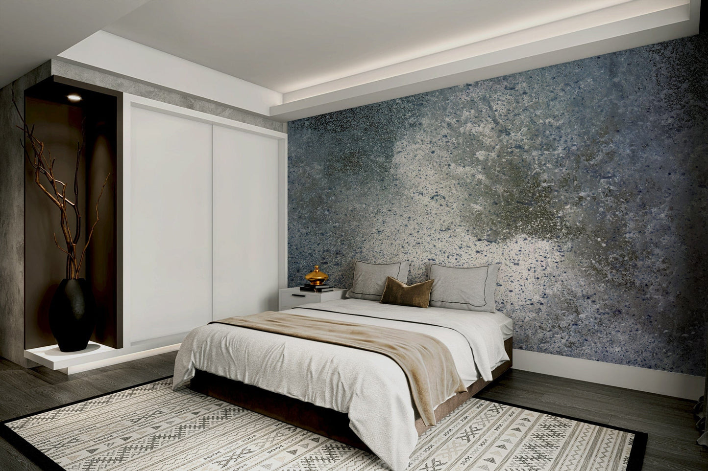 A peaceful modern abstract mural on decorative wallpaper.

